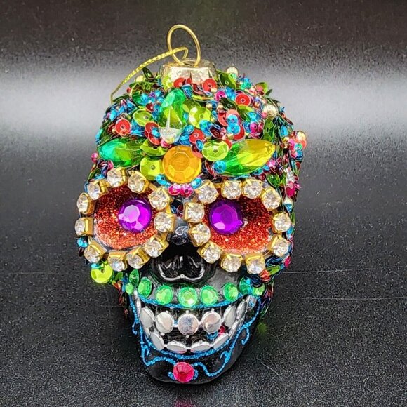 Sugar Skull Ornament Pier 1 Rhinestone Beaded Sequins Retired Halloween Black - Picture 4 of 10